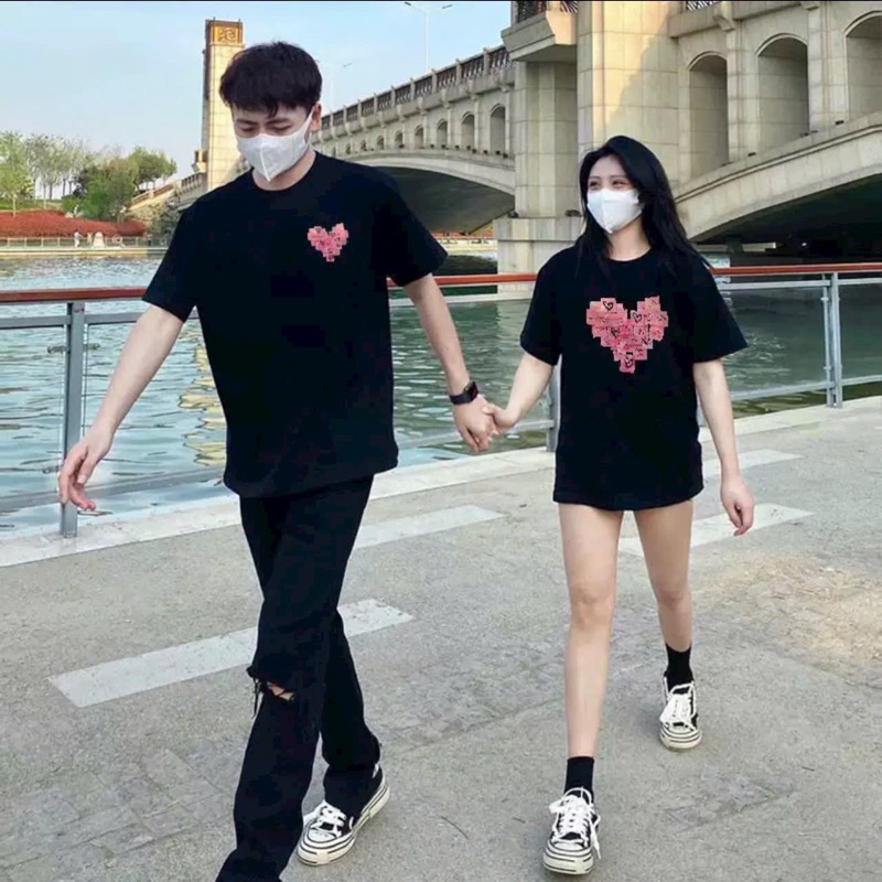 Áo thun đôi nam nữ trái tim Unisex form rộng và áo Croptop baby tee mặc cặp.