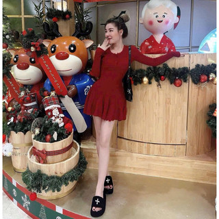 [-30%] Đầm 4 mùa chất mặc dự tiệc Tết hoặc Noel chất thun tăm gân tay dài cổ v xẻ nút váy xoè mini 2 đỏ đen