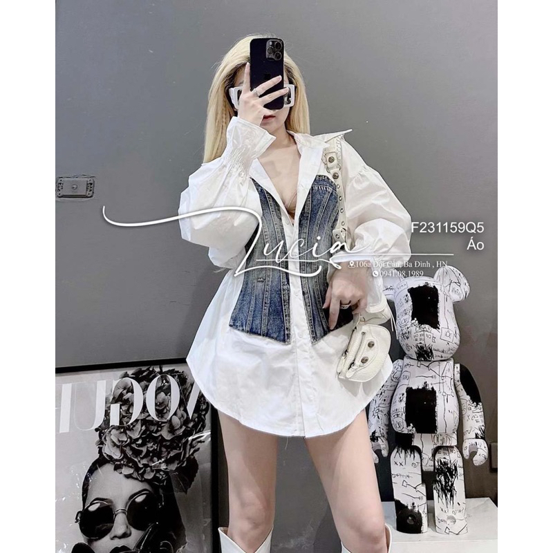 Áo sơ mi ngực phối jean, áo nữ tay dài bo cổ bẻ sang trọng VIENS STORE