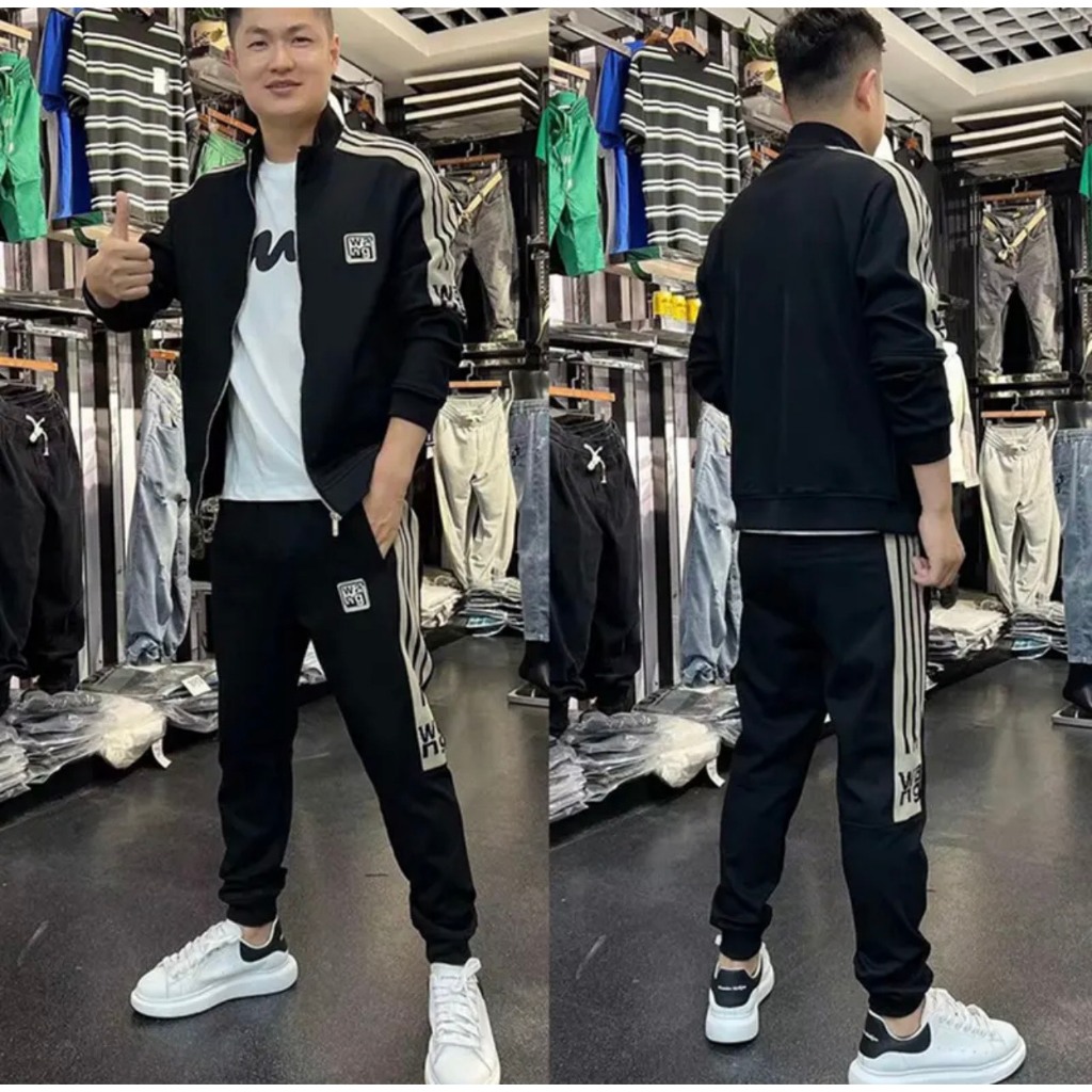 Bộ thể thao WANG Chất Nỉ UMI Cao Cấp thu đông cao cấp - thể thao dài tay đen nam thêu logo , chất vải nỉ umi 2 lớp