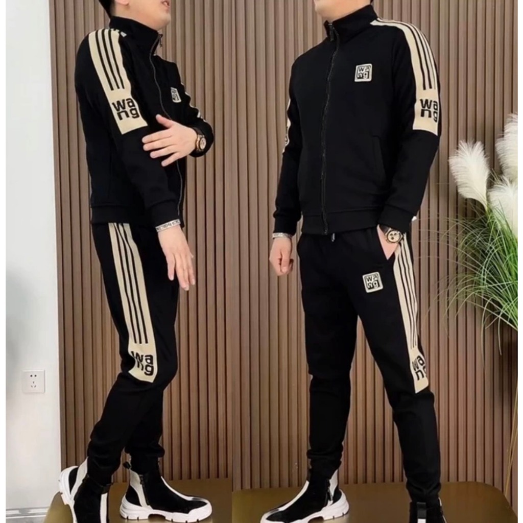 Bộ thể thao WANG Chất Nỉ UMI Cao Cấp thu đông cao cấp - thể thao dài tay đen nam thêu logo , chất vải nỉ umi 2 lớp