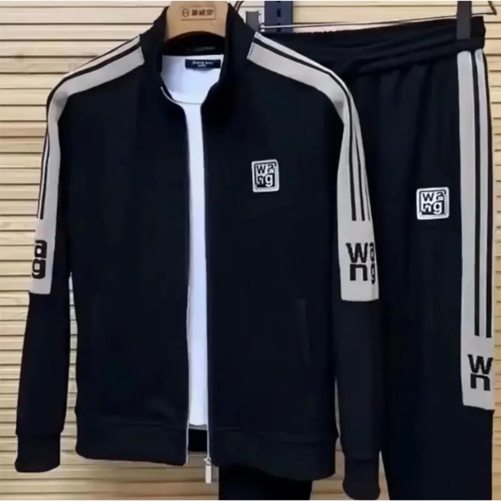Bộ thể thao WANG Chất Nỉ UMI Cao Cấp thu đông cao cấp - thể thao dài tay đen nam thêu logo , chất vải nỉ umi 2 lớp