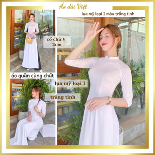 Áo dài trắng tinh tay lỡ cổ V đồng phục nữ học sinh đi học cấp 3 truyền thống may sẵn lụa mỹ cao cấp