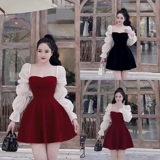 Đầm váy dự tiệc thời trang nữ cổ vuông tay dài bèo voan phối tơ 2 màu sang chảnh