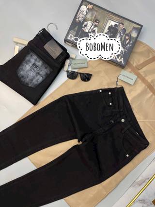 Quần jean nam đen cao cấp BoBoMen chất co giãn kiểu ống côn bó túi hậu in loang trắng độc lạ