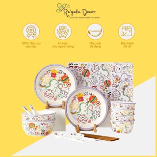 Set Bát Đĩa Sứ Re'gala Decor - Bộ Sứ Cao Cấp, Hoạt Hình Graffiti Khủng Long Đáng Yêu -  Kèm Hộp Quà Tặng Cao Cấp