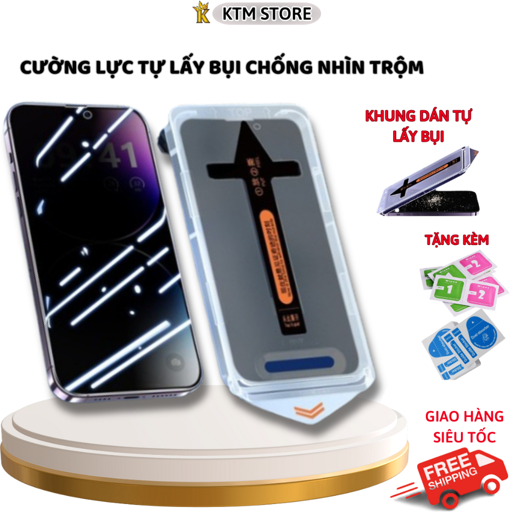 Kính cường lực iphone chống nhìn trộm Tự lấy bụi MKING, có khung tự dán và bảo vệ loa, 11 12 13 14 1