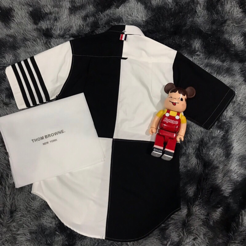 Áo sơ mi thom brown tay ngắn đen trắng  oxford