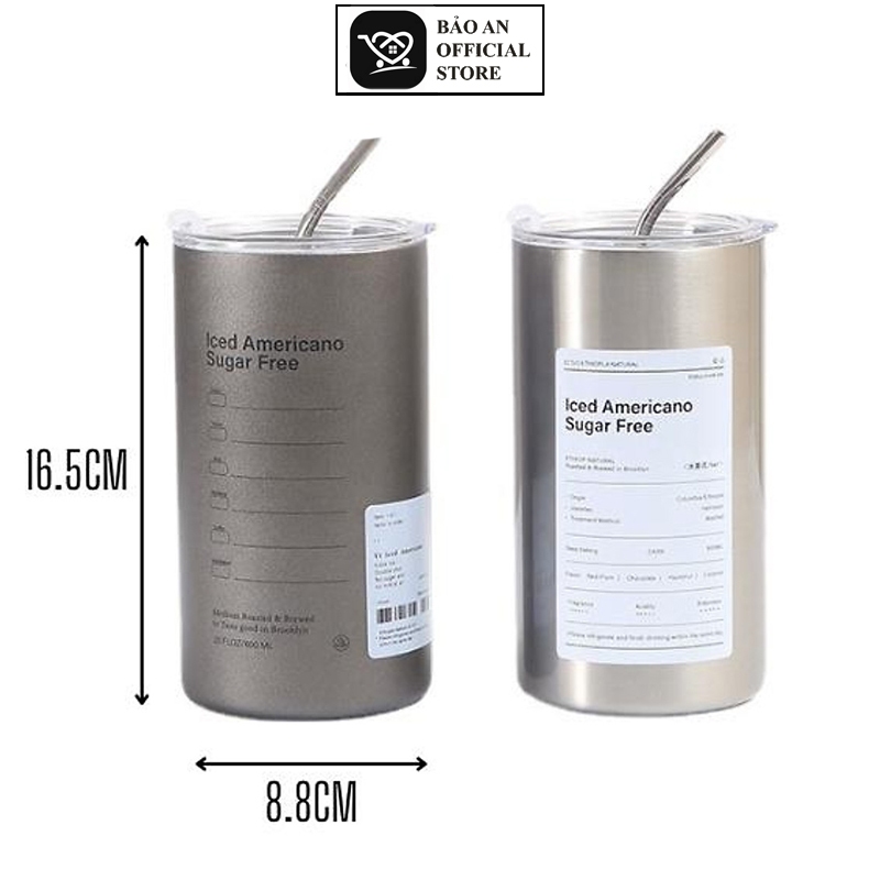 Ly Giữ Nhiệt Iced Chất Liệu Inox 304 Có Ống Hút ,Cốc Giữ Nhiệt Cafe Dung Tích 600ml