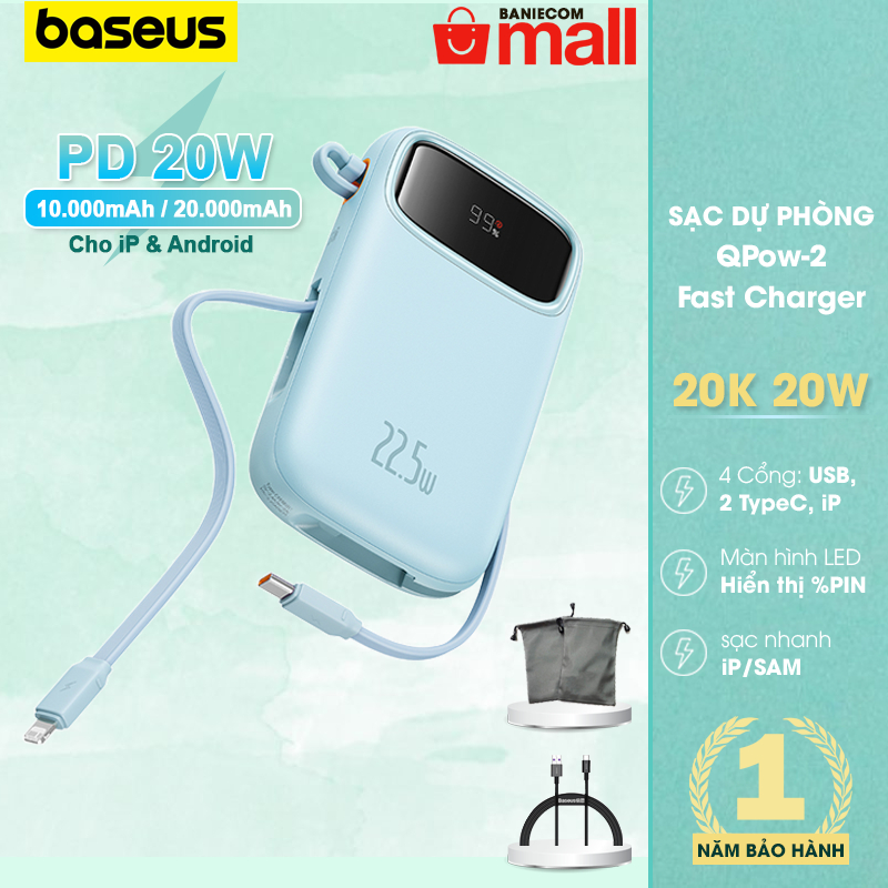 Sạc dự phòng kèm cáp Baseus QPow-2 10000mAh / 20000mAh 4 cổng sạc nhanh kèm cáp iP android QC3.0 PD3.0 - BANIECOM