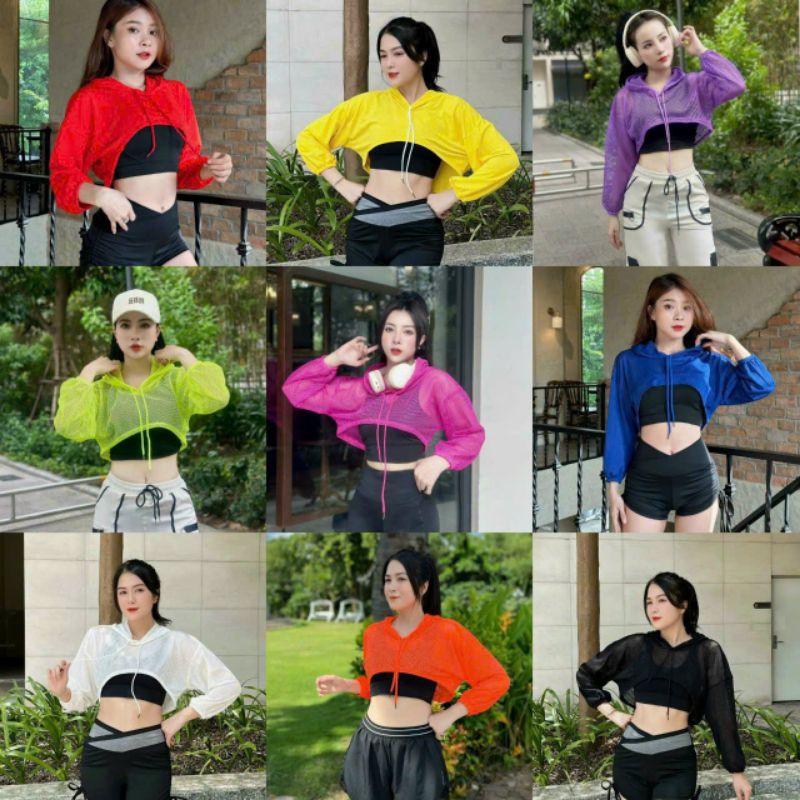 Áo lưới crop top có mũ tập thể thao