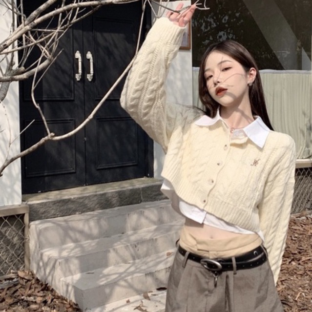 ÁO LEN CARDIGAN DÁNG NGẮN + SƠMI PHỐI KÈM PHONG CÁCH HÀN