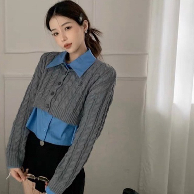 ÁO LEN CARDIGAN DÁNG NGẮN + SƠMI PHỐI KÈM PHONG CÁCH HÀN