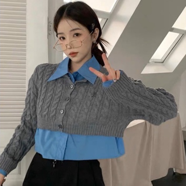 ÁO LEN CARDIGAN DÁNG NGẮN + SƠMI PHỐI KÈM PHONG CÁCH HÀN