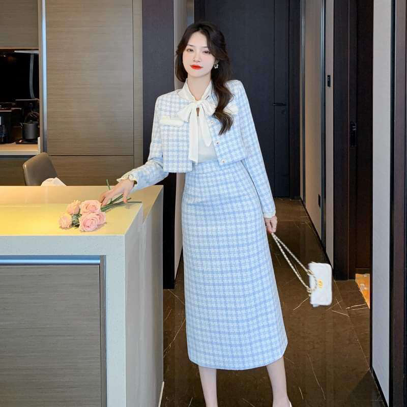 [Sẵn] Set Dạ Tweed Tiểu Thư Bộ Vest Nữ Croptop, Chân Váy Dài Qua Gối Chữ A Cạp Cao Retro Kiểu Hàn Qu