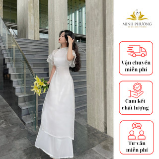 Áo dài voan tơ tay cánh tiên Minh Phương may sẵn màu trắng cách điệu dự tiệc lễ tết đẹp