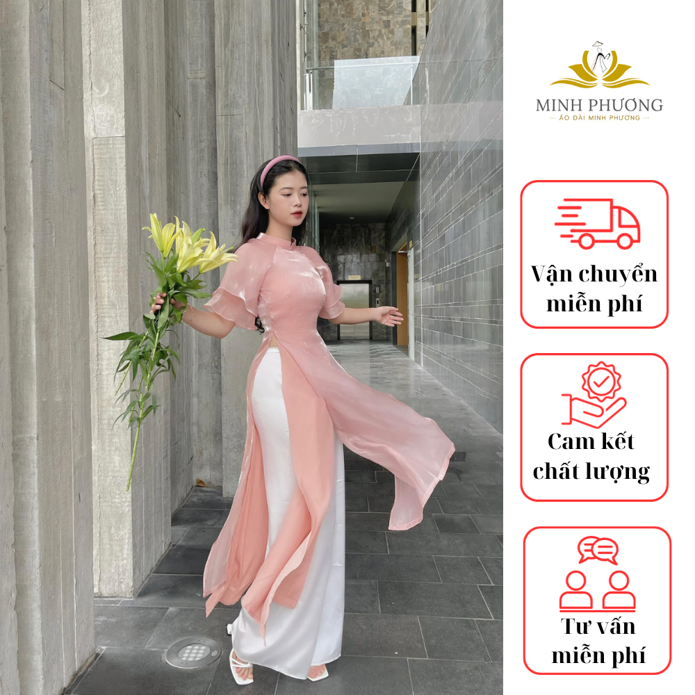 Áo dài voan tơ cánh tiên 4 tà Minh Phương may sẵn màu hồng nhẹ nhàng tôn da dự tiệc lễ tết đẹp