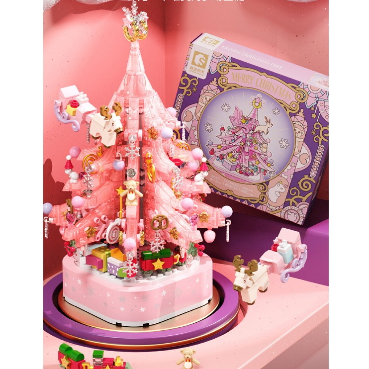 Đồ chơi lắp ráp xếp hình Cây Thông Noel SEMBO CÓ ĐÈN NHẠC VÀ XOAY ĐƯỢC - Mô hình quà tặng Noel Giáng Sinh Decor