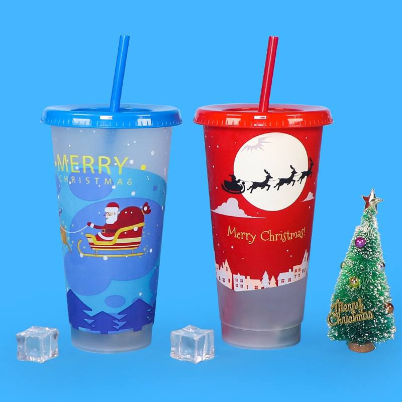 [ Mẫu Noel mới 2023] Ly Nhựa Đổi Màu Cute Khi Uống Nước Lạnh (Kèm Nắp và Ống Hút) 710ml
