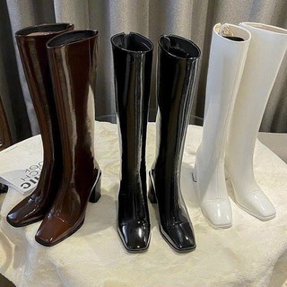 Boots đùi nữ da bóng đế cao gót 7cm khóa sau phù hợp bắp chân to hàng QCCC B11