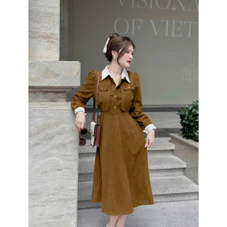 Đầm nữ thời trang mặc đi chơi cổ sơ mi cột dây eo chất vải tăm lạnh phối cotton cổ và tay,