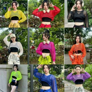 Áo tank top lưới crop top cổ tròn dài tay