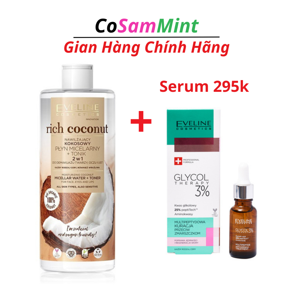 Nước tẩy trang Eveline Dừa Rich Coconut dưỡng ẩm 2 tác động 500ML