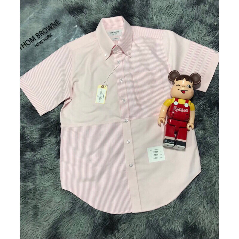 Áo sơ mi thom brown Tay ngắn, 4 mảnh hồng sọc hồng oxford dày