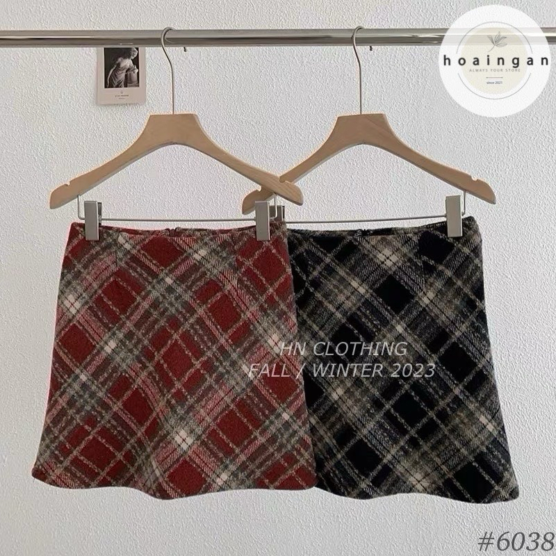 CHÂN VÁY DẠ KẺ CẠP CAO FROM BASIC HÀNG QC MS15781