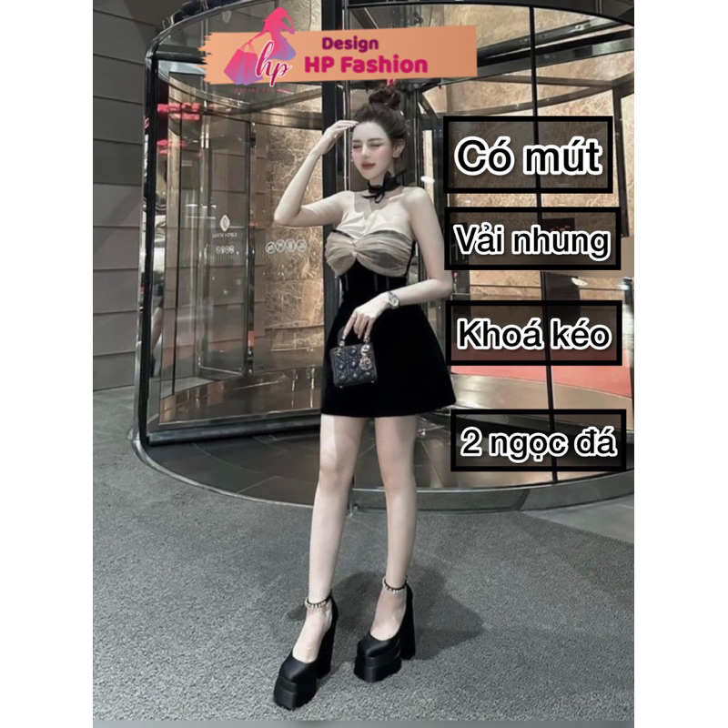 Đầm body cúp ngực vải nhung có mút phối lưới đính đá HP FASHIONTREND váy nữ cúp sang chảnh tôn dáng mùa đông G604