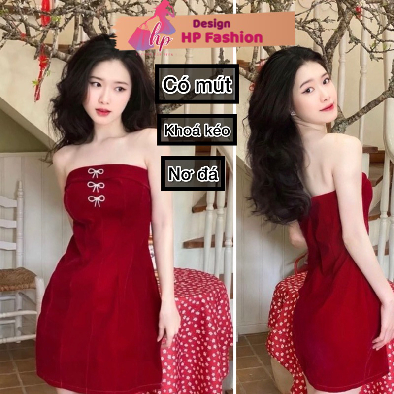 Đầm noel tết màu đỏ cúp ngực body dáng ngắn kèm tag nơ đá, váy ống thiết kế sang chảnh đi tiệc tôn dáng G611