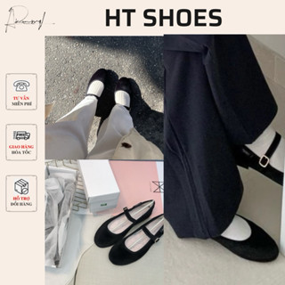 (Sẵn)Giày búp bê mũi tròn Ballet Grove đế bệt mềm dẻo vải Nhung đen trơn quai ngang phối khoá vuông đơn giản 𝗞𝟬𝟬𝟵