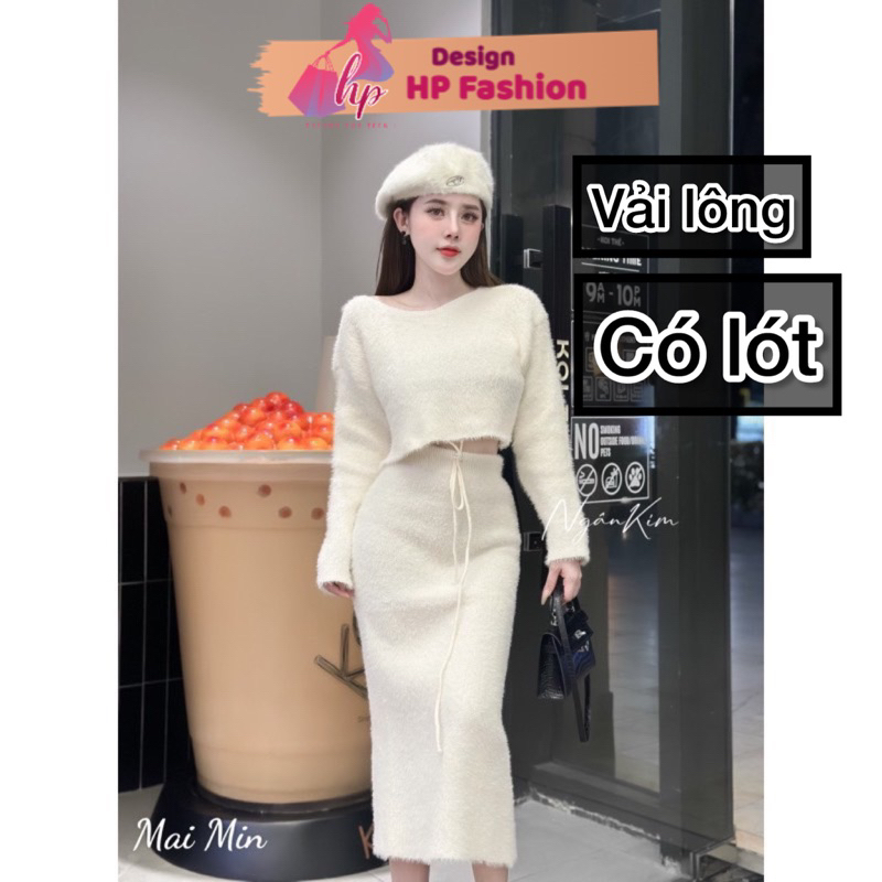 Set váy dài mùa đông kèm áo dài tay rộng vải lông set đồ nữ sang chảnh tôn dáng mặc tết noel G610