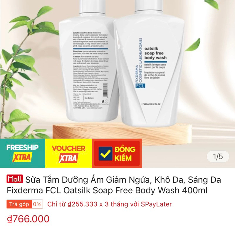 Sữa tắm dưỡng ẩm, giảm ngứa, khô da Fixderma FCL Oatsilk Soap Free Body Wash