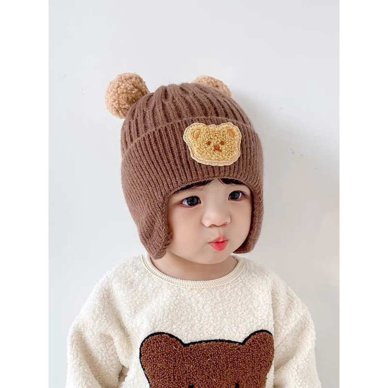 Mũ nón len thêu gấu Mimo cho bé trai bé gái từ 0 - 3 tuổi có bịt giữ ấm tai cho bé