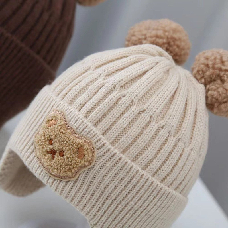 Mũ nón len thêu gấu Mimo cho bé trai bé gái từ 0 - 3 tuổi có bịt giữ ấm tai cho bé