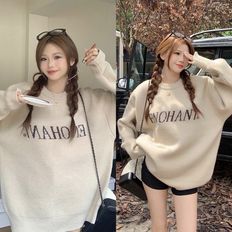 Áo len sweater cổ tròn màu be sữa thêu chữ dài tay oversize dấu quần chùm mông ulzzang màu trơn basic