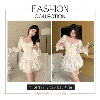 Đầm Voan Dập Dáng Xếp Hẹp Eo Cao Cấp Chất Liệu Vải Nhập, Váy Nữ Dự Tiệc Dài Tay Dáng Ngắn