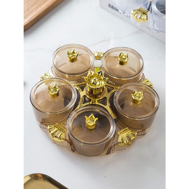Bộ 5 HŨ KÈM Khay Đựng Mứt Tết , BÁNH KẸO XOAY 360 ĐỘ