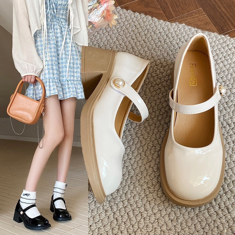 Giày Lolita nữ đế cao 5p  giày búp bê quai ngang đính ngọc da bóng 2 màu cực đẹp và êm chân