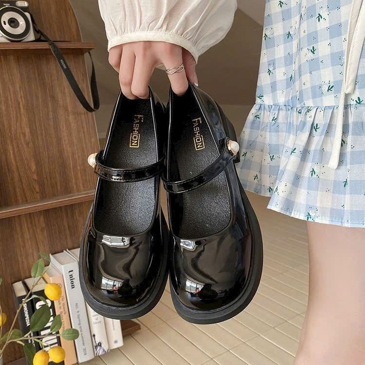 Giày Lolita nữ đế cao 5p  giày búp bê quai ngang đính ngọc da bóng 2 màu cực đẹp và êm chân