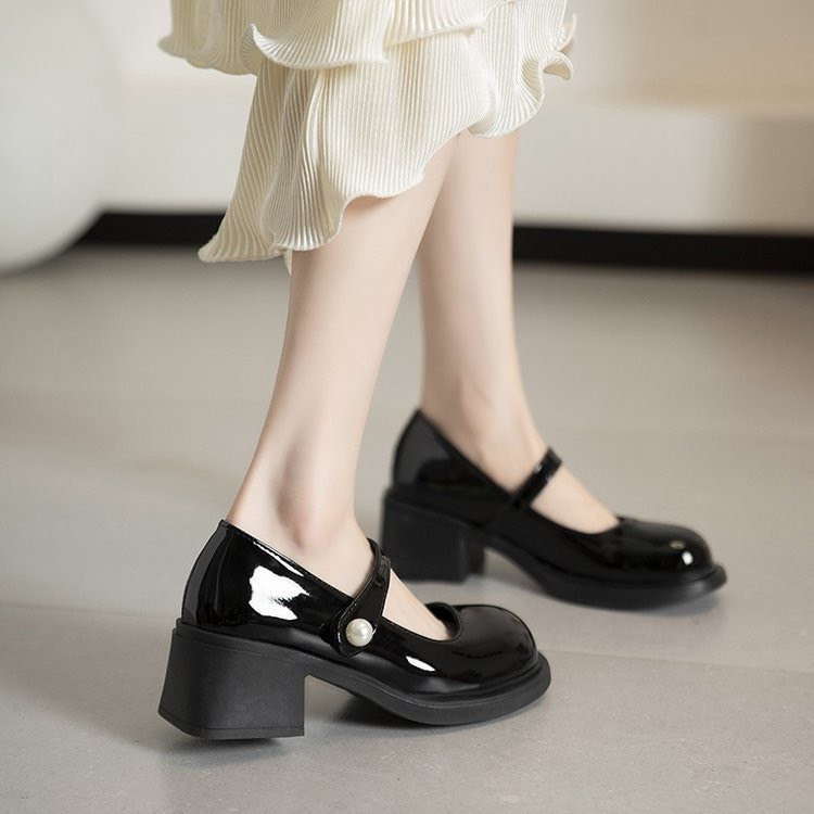 Giày Lolita nữ đế cao 5p  giày búp bê quai ngang đính ngọc da bóng 2 màu cực đẹp và êm chân