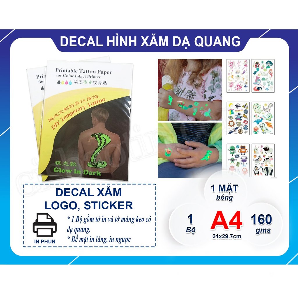 Decal Hình Xăm Dạ Quang ( Phát Sáng Trong Tối ) Dùng cho Máy In phun 5 bộ