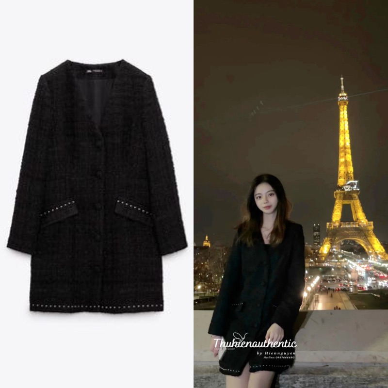 Áo cadigan dáng váy ngắn màu đen dạ tweed mã code: 9091/866/800 ZARA chính hãng(kèm ảnh thật)