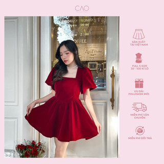 Váy cổ vuông tay bồng nhung cứng dáng xoè có bigsize caocaobycaochen