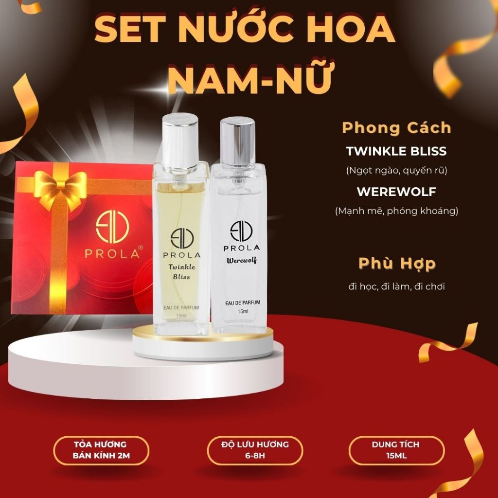 Set 2 chai nước hoa nam nữ PROLA kèm hộp sang trọng ngọt ngào cuốn hút 10/15ml