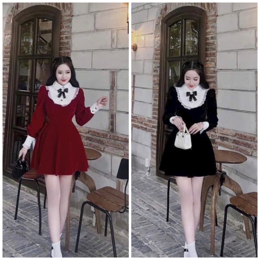 Váy đầm nữ dáng xòe chất nhung phối cổ lụa và ren thích hợp cho các dịp lễ tết