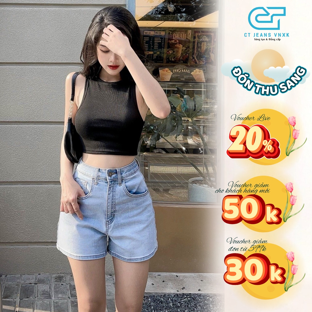 Quần Short Jean Nữ Lưng Cao Basic Co Giãn Trơn Gấu Thường CT JEANS