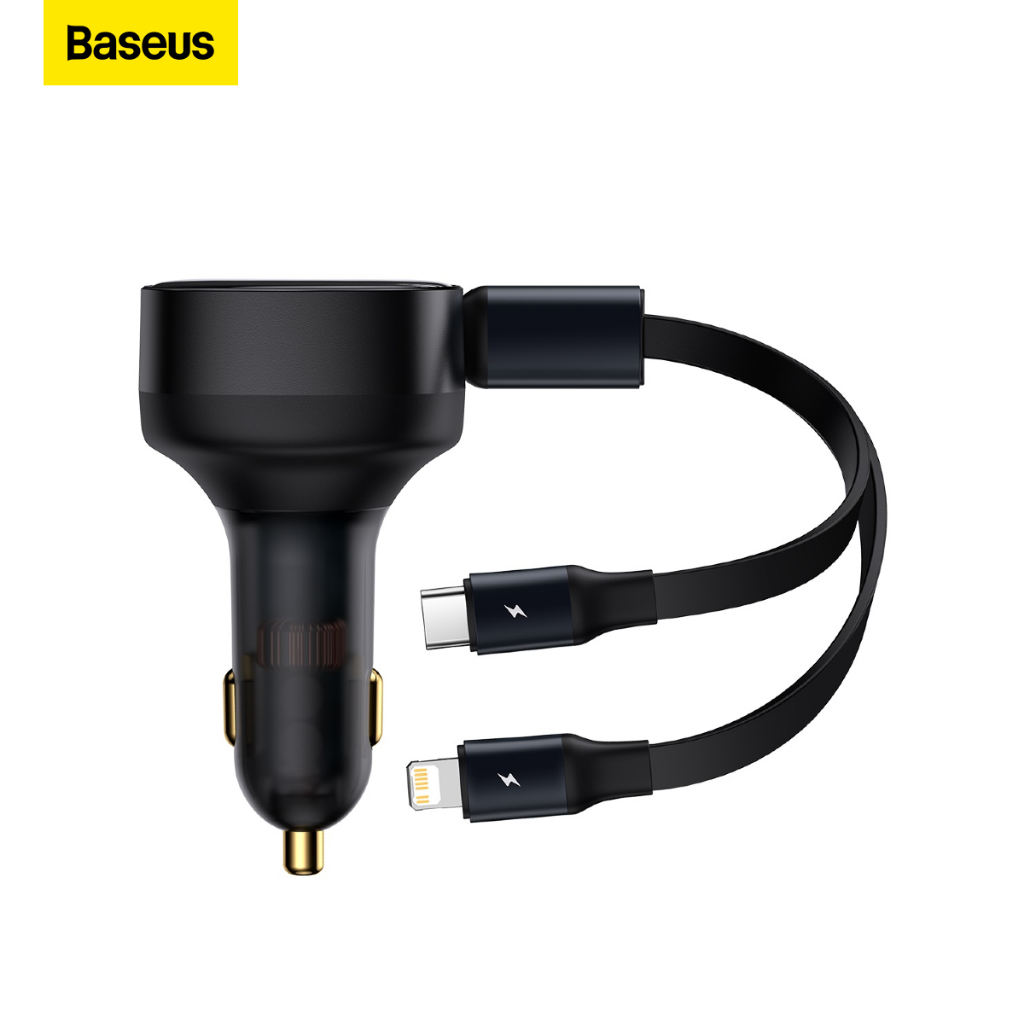 Tẩu Sạc Nhanh 30W - Kèm Cáp Dây Rút 2 Đầu Type C + L Baseus Enjoyment Retractable 2 in 1 Car Charger 30W