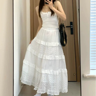 Chân váy dài vintage midi ren xòe, chân váy dáng dài trắng havana QJ34
